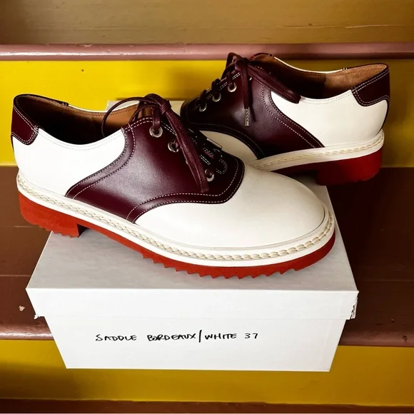 Labucq Saddle Shoes Burgundy Bordeaux and White Women's Oxfords - Picture 2 of 7